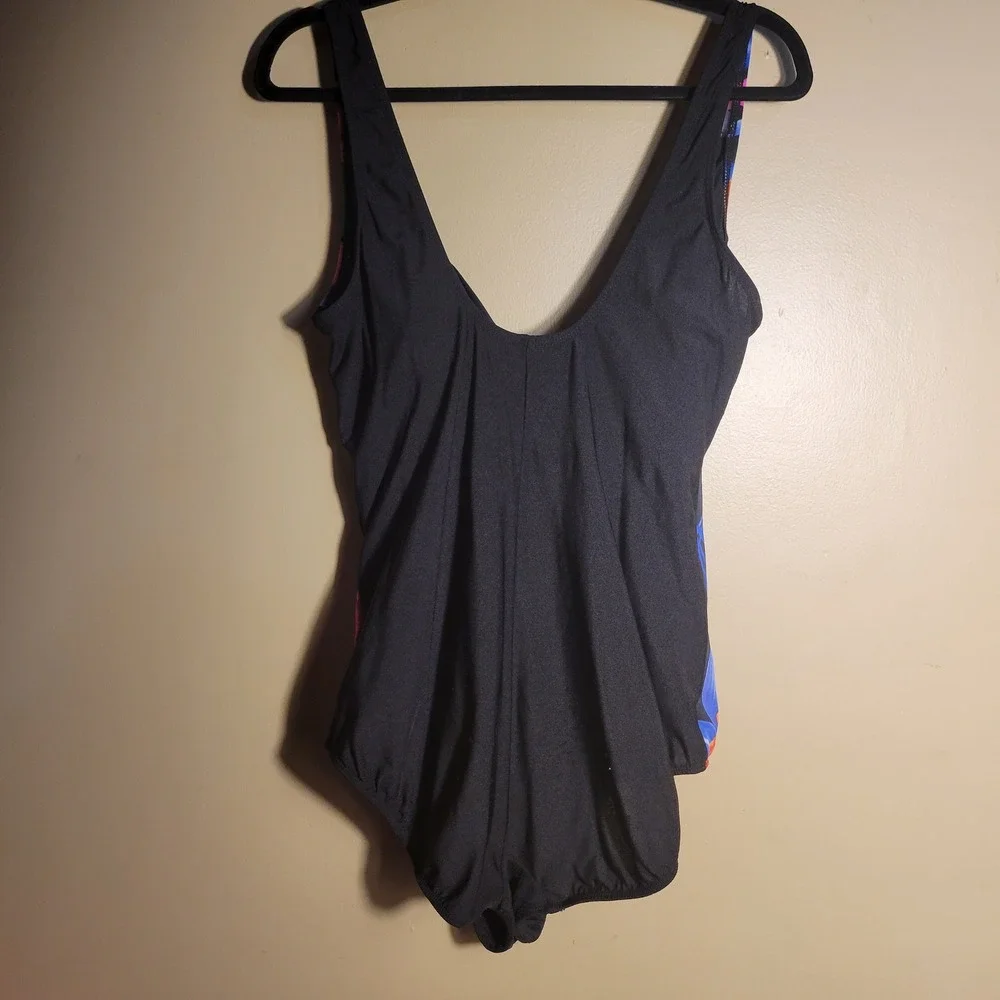 Floral Wrap Front‎ One Piece Swimsuit Black Pink Tropical Ruched V-Neck Medium